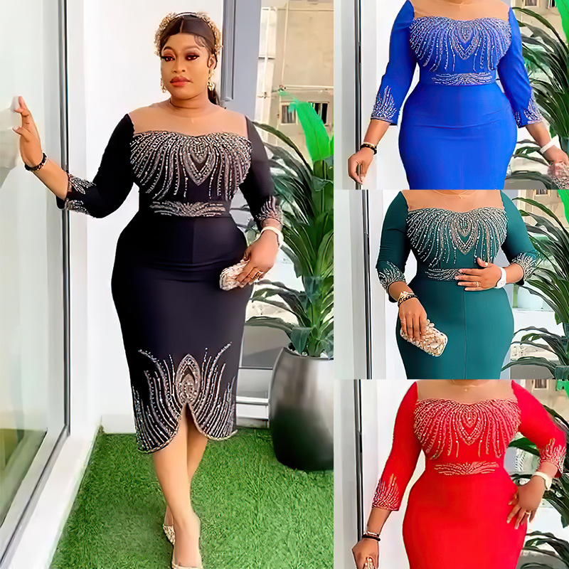 Cross-Border Supply African Fashion Women's Mid-Sleeve Beaded Hot Diamond Party Evening Daily Work Clothing Dress 8619