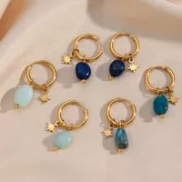 Серьги, маленькие подвесные кольца с звездочкой, золотистый оттенок нержавеющая сталь, европейский стиль, сезонная тенденция