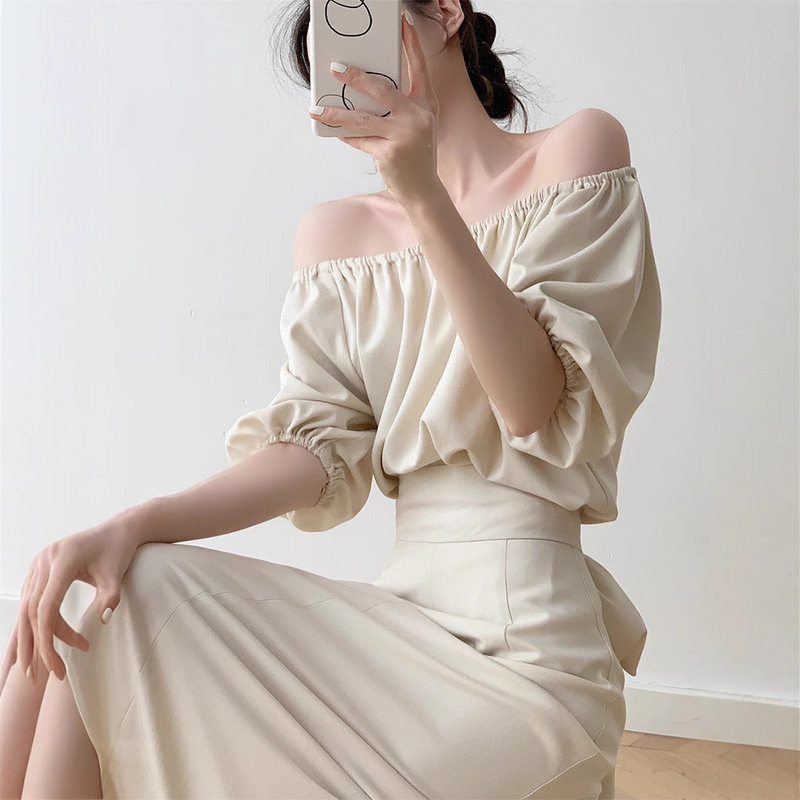 2025 Spring and Summer New Style Korean Version of Apricot White Background Goddess Style G-Level Sexy Strap Fishtail Skirt Suit Cotton