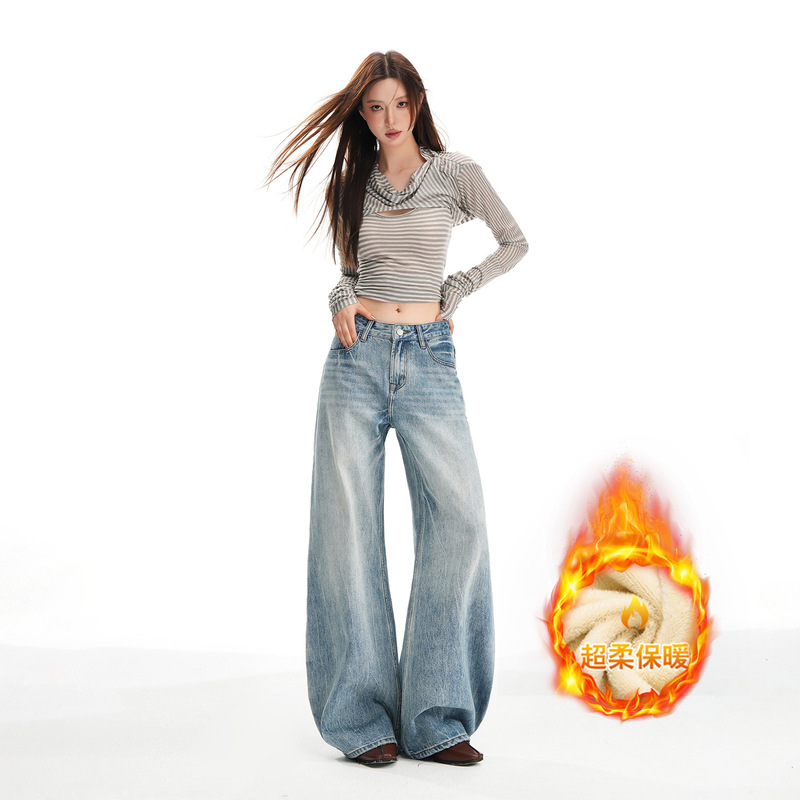 【Jinyin】Autumn/Winter New American Retro Washed Scimitar Pants Non-Elastic Low Waist Loose Wide-Leg Jeans for Women