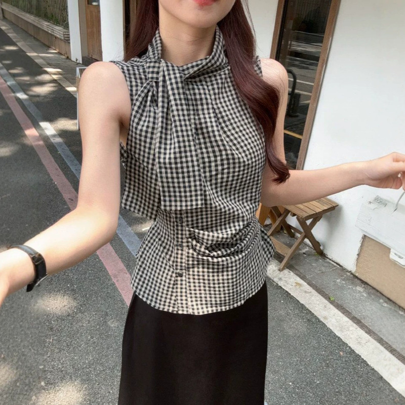 French-Style Irregular Tie Plaid Sleeveless Shirt for Women, Summer 2026 New Slim-Fit Waist-Cinching Design Top French-Style Irregular Tie Plaid Sleeveless Shirt for Women, Summer 2026 New Slim-Fit Waist-Cinching Design Top