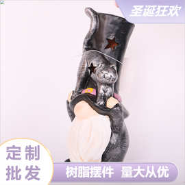 新款大号花园客厅玄关LED灯发光摆件 万圣节举黑猫侏儒树脂摆件BJ