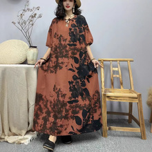 2025夏新品宽松休闲圆领印花棉麻连衣裙女套头短袖时尚复古长裙子