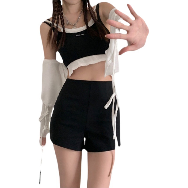 2022 spring and summer large size chubby girl wide leg pants women's high waist information slimming versatile shorts black casual hot pants