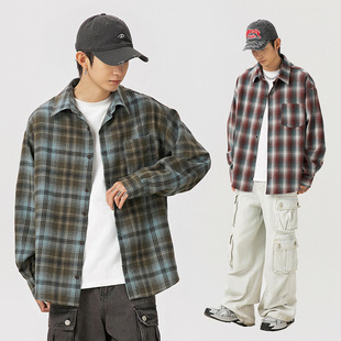 American Style Retro Plaid Shirt Men's Autumn New Lapel Patch Pocket Design Loose Long Sleeve Shirt Coat for Couple Women