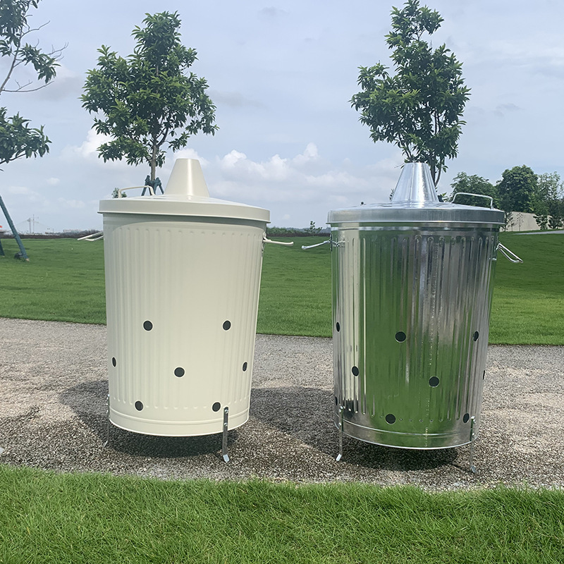 Galvanized Iron Incinerator with Lid 75L Round Metal Incinerator Bucket Outdoor Iron Trash Can Leaf Incinerator