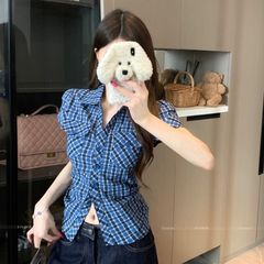 女性用半袖シャツ、韓国風レトロホットガールピンチウエストスリミング半袖ポケットウエスト気質シャツトップ女性用