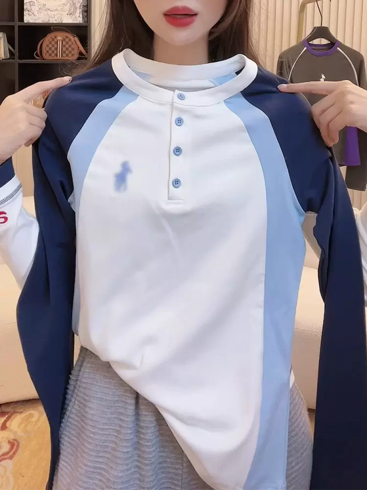 撞色纽扣圆领T恤上衣女春秋新款高级收腰修身显瘦长袖打底衫