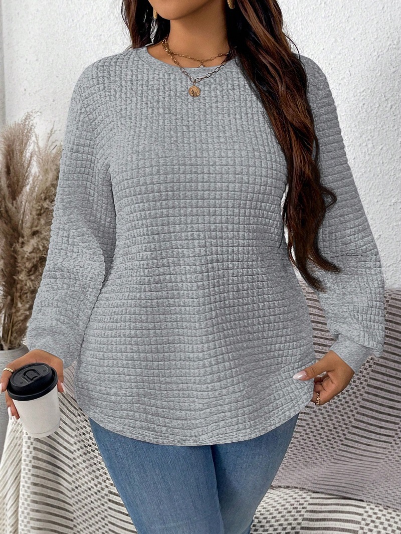 Transfronterizo de ropa de mujer de tamaño grande nueva camiseta casualidad de color sólido cuadrado con cuadrícula y redonda de abbillado otoño y invierno