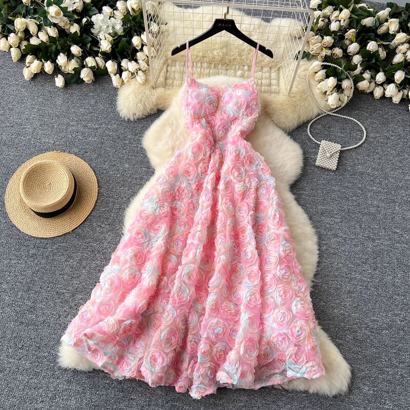 Elegant Socialite Mini Dress for Women, Evening Party Gown with Intricate Three-Dimensional Rose Flowers, Waist-Cinching Spaghetti Strap Dress for Women