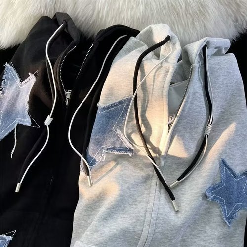  American Retro Patchwork Star Cardigan Sweatshirt for Men and Women Loose Oversize Trend Brand Ins Jacket