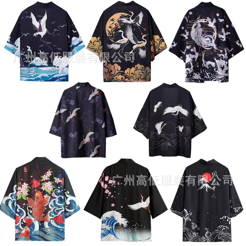 Ukiyo-e Crane Summer Japanese Cardigan Suit Kimono Cloak Feather Weaving Robe 3D Digital Printing Men's and Women's Clothing