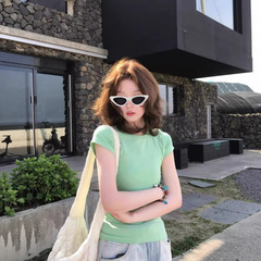 ミントグリーンショルダー半袖Tシャツ女性用2025新しいラウンドネックスリム夏ドーパミン着用ホットガールBMトップ