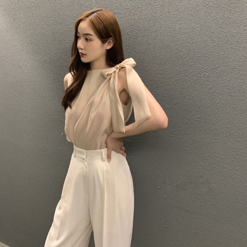 Korean Chic Summer French Style Round Neck Shoulder Strap Bow Design Casual Versatile Vest Shirt for Women Korean Chic Summer French Style Round Neck Shoulder Strap Bow Design Casual Versatile Vest Shirt for Women