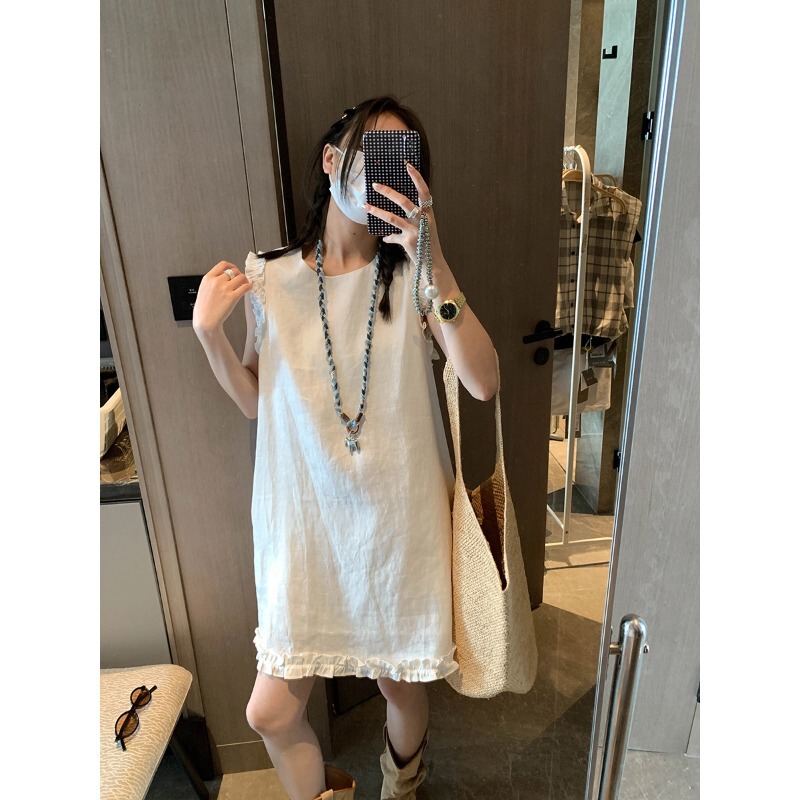 Moand holiday daydream 100 linen little wooden ear stitching temperament vest dress MQ0583