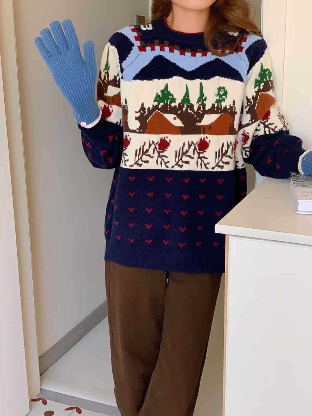 24 invierno Puyuan coreano de punto engrosado suéter de cuello redondo chaqueta de nieve jacquard de doble cara Navidad