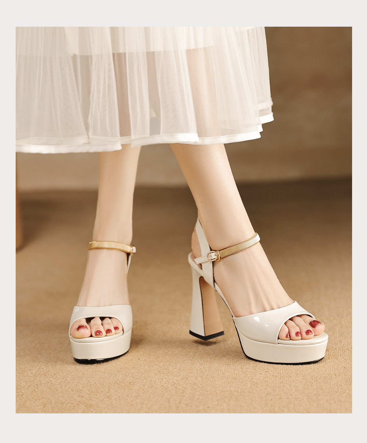 Sandal peep toe nữ quai ngang gót vuông platform đế cao 9 cm — màu đen, màu trắng ngà chi tiết 14
