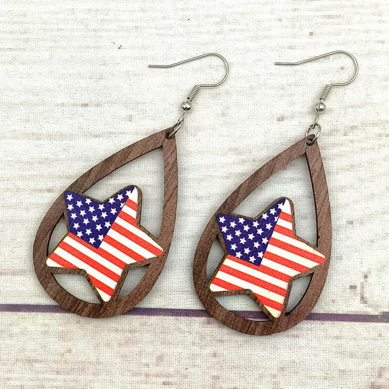 1 Pair Retro Simple Style National Flag Water Droplets Printing Wood Drop Earrings display picture 12