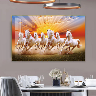 Fashion Led Light Hanging Painting Living Room Restaurant Hotel Decorative Art Hd Banner Color White Horse Landscape Crystal Porcelain Painting