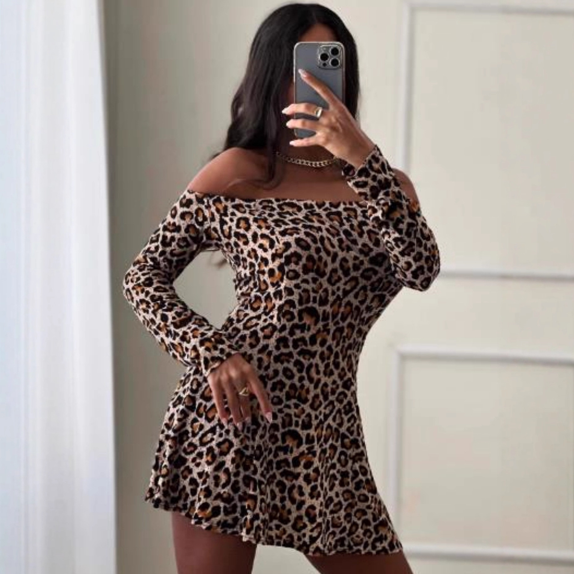 GraceChic European And American Leopard Print Off-Shoulder For Women Sexy Slim One-Shoulder Fashion Dress_voghion.com