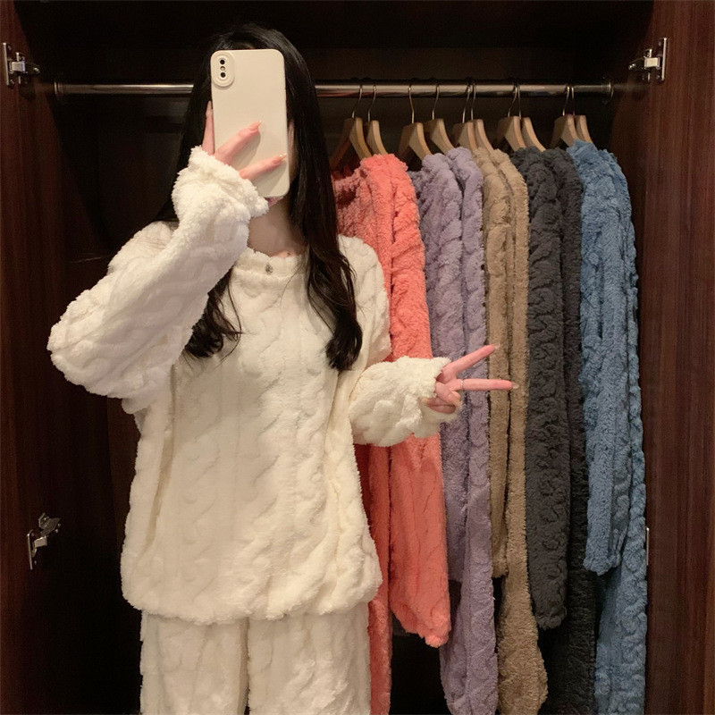 Coral Fleece Jacquard Warm suit Pajamas Autumn and Winter fleece-lined Thickened Internet Popular Female Couple Casual suit Home Clothes