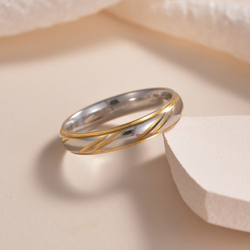 Cross-border Titanium Steel Couple's Ring Gold Striped Diamond Band European and American Fashion Brand Men and Women's Ring