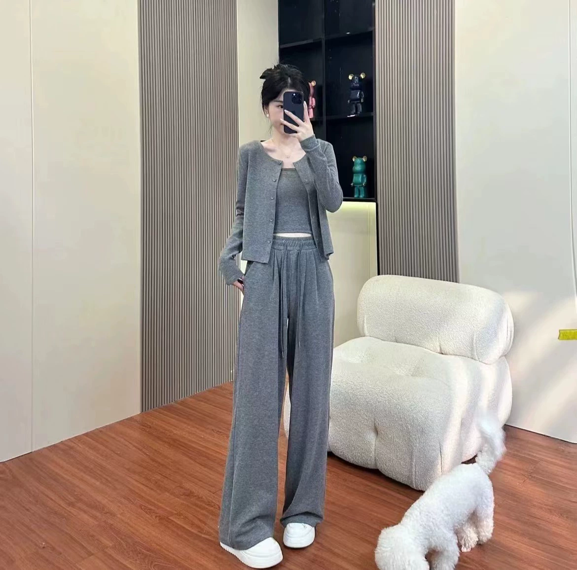 Autumn Thin Cardigan Knit 3-Piece Set — Cardigan, Tank, Wide-Leg Trousers, Loose Fit