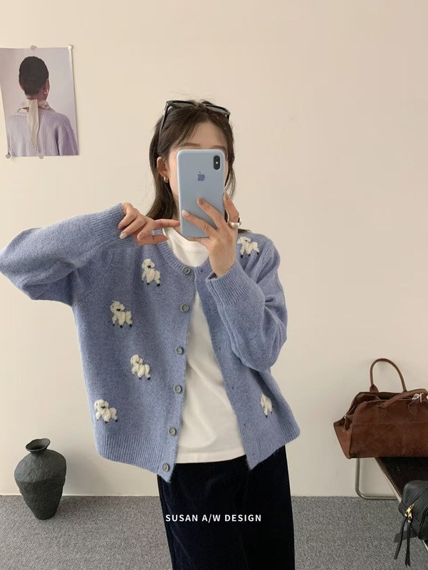苏珊 韩系百搭温柔春秋新款立体重工刺绣甜美风针织开衫毛衣26967|undefined