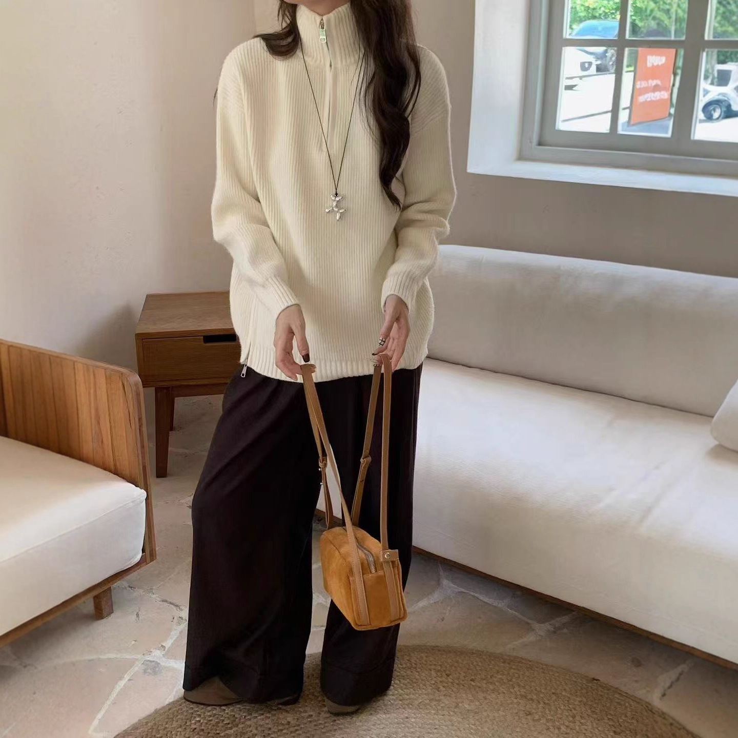 White colored autumn winter knitted sweater with zipper