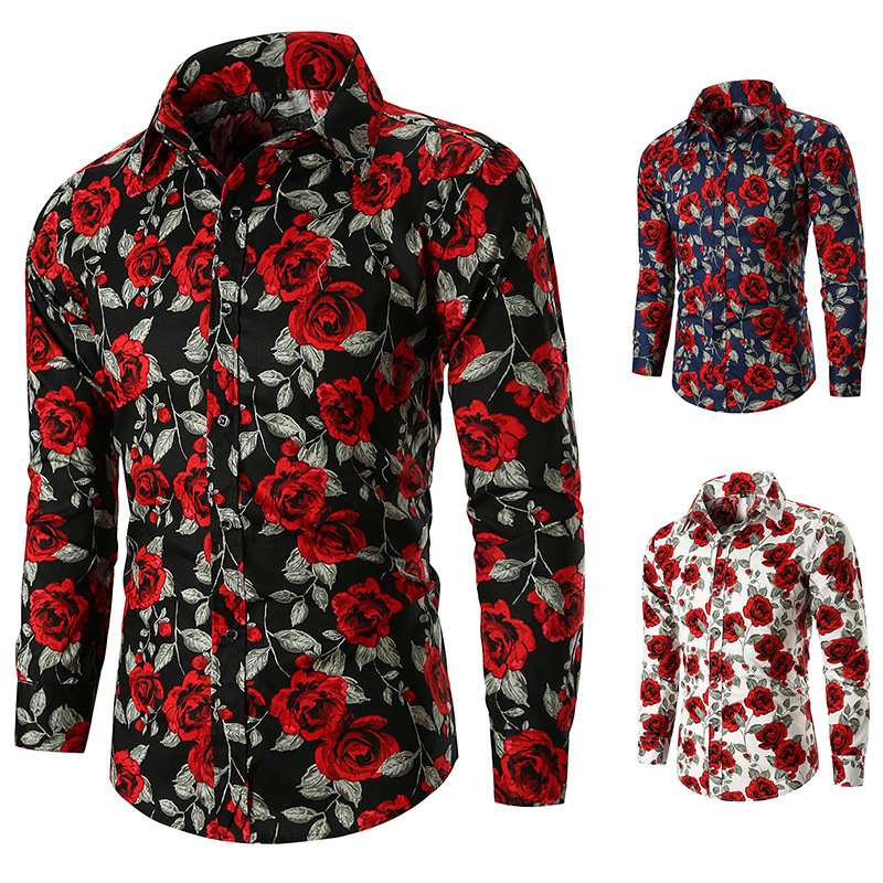 European Size Spring and Autumn New Amazon Men's Casual Long Sleeve Rose Print Shirt Fashion Slim Fit Men's Shirt