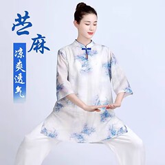ハイエンド改良された新しい女性用ミッドスリーブ太極拳スーツ夏綿とリネンの薄い半袖ラミー太極拳練習スーツ中国風