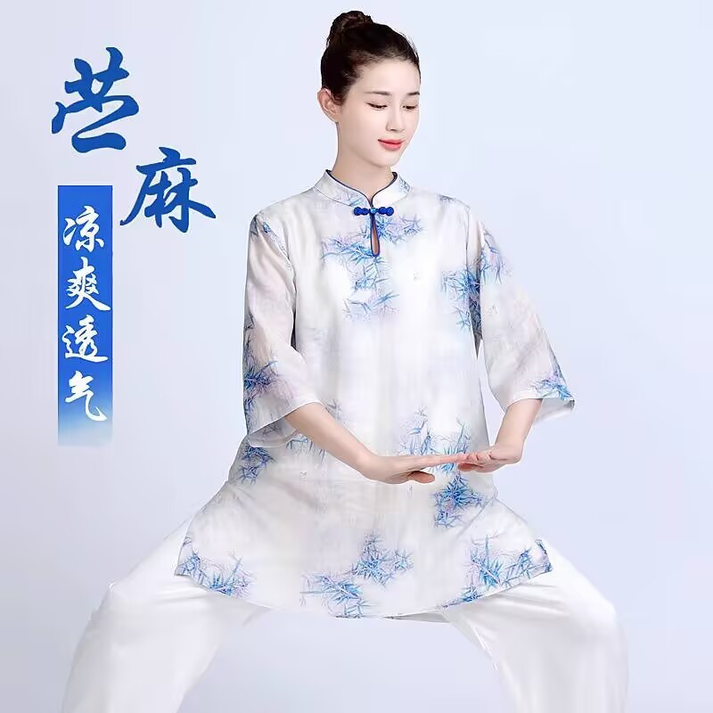 ハイエンド改良された新しい女性用ミッドスリーブ太極拳スーツ夏綿とリネンの薄い半袖ラミー太極拳練習スーツ中国風|undefined