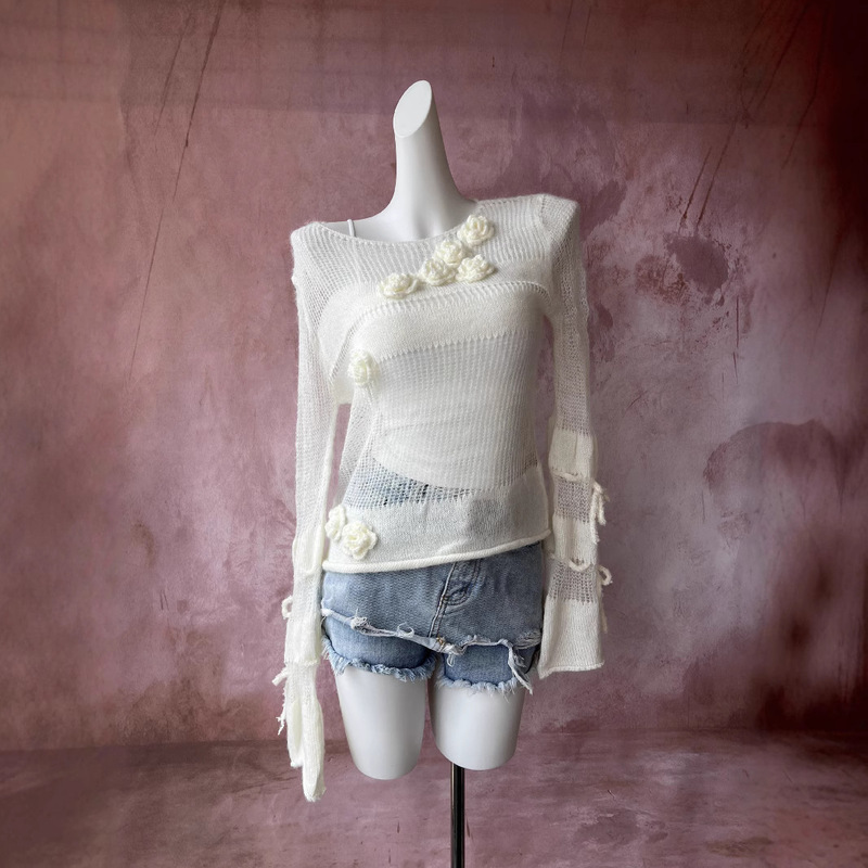 Original Handmade Crocheted White Camellia Cut Out Top Design Niche Blouse White Sweater See-Through Knitwear