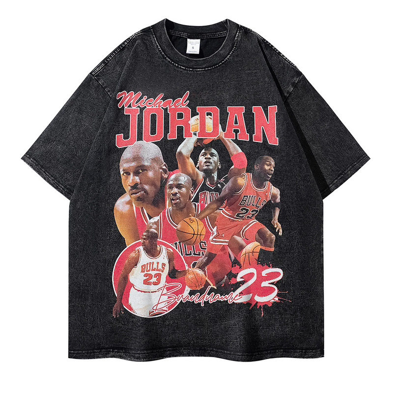 Heavy Wash Water Fried Flower T-shirt Michael Jordan American Style Retro Printed Cotton Short Sleeve T-shirt Men's Loose Trendy High Street