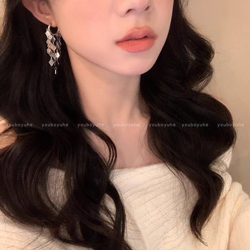 千金风金色菱形流苏耳钉女款轻奢高级感气质夸张耳圈绝美耳饰耳环|undefined
