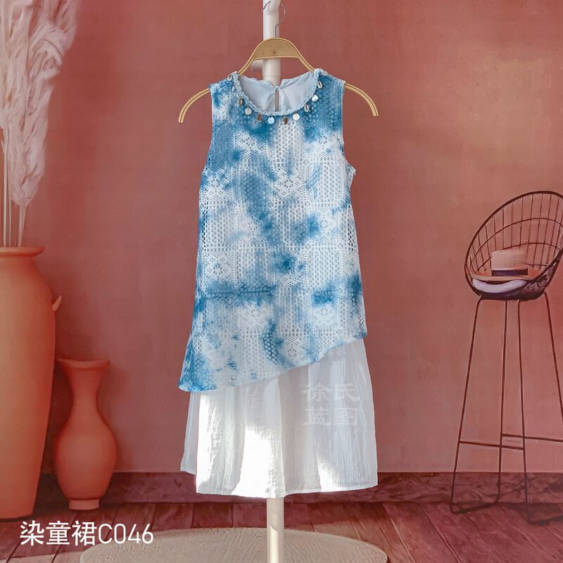 Dali Handmade Tie-Dye Ethnic Style Girls' Dress with Blue Dye, Hollow-Out Sequins, and Irregular Design Children's Vest Dress Dali Handmade Tie-Dye Ethnic Style Girls' Dress with Blue Dye, Hollow-Out Sequins, and Irregular Design Children's Vest Dress