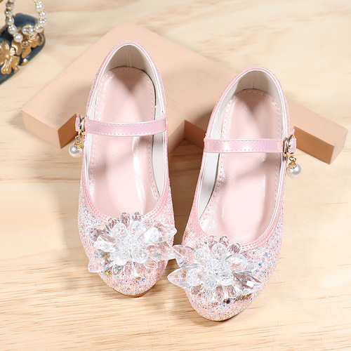 Children's leather shoes with high heels, little girl performance crystal shoes dress soft soles summer princess children's shoes purple