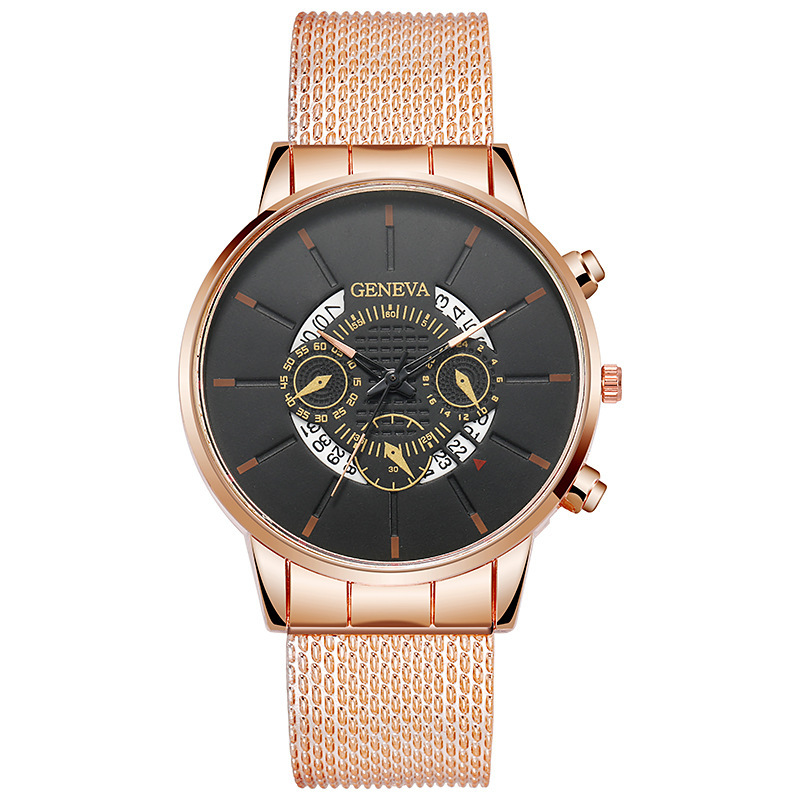 GENEVA Fake New Three Eyes Freizeit Business Kalender Gummi Mesh Herren Quarzuhr_voghion.com