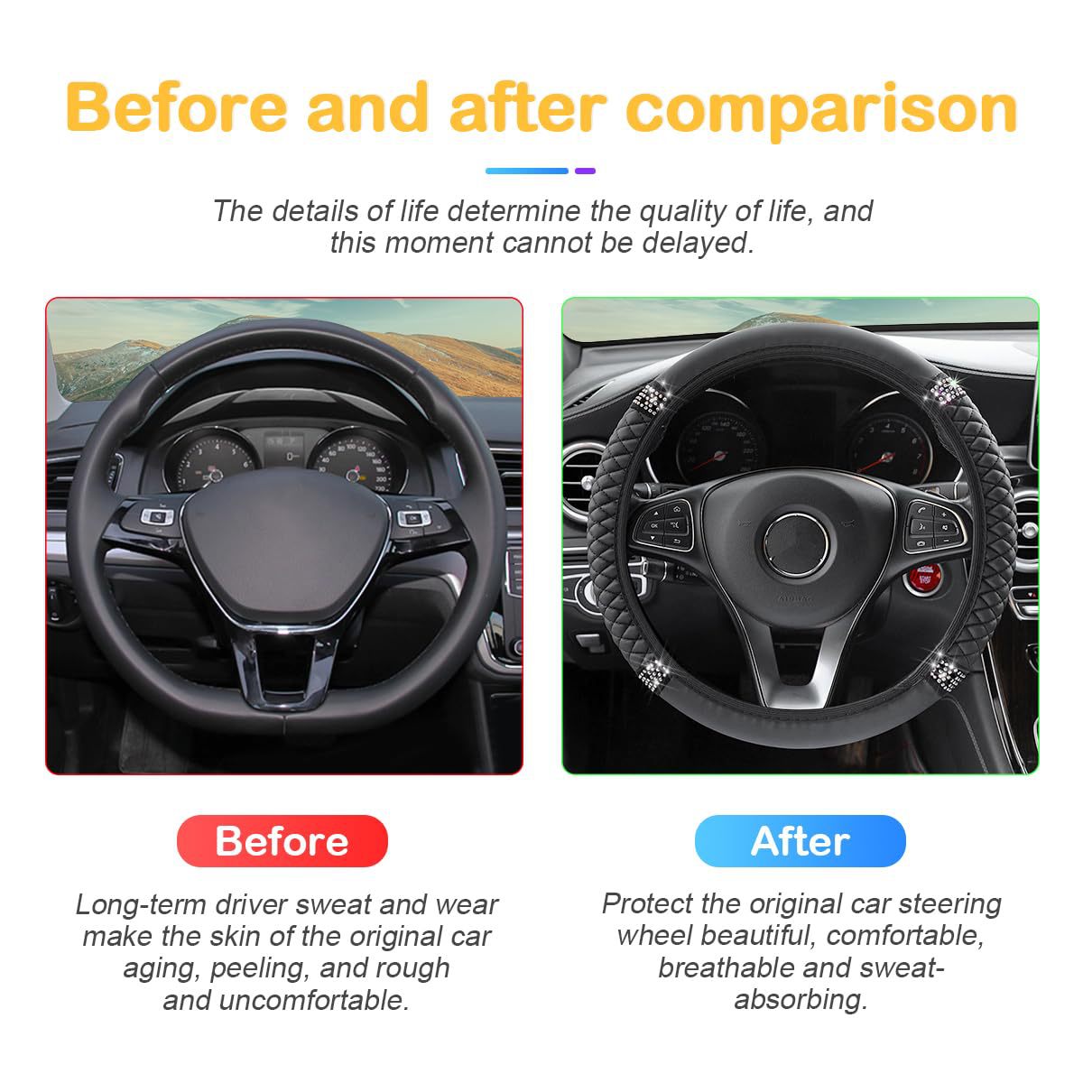 Factory Direct Sales Cross-Border Colorful Rhinestone Car Steering Wheel Cover, Leather Three-Dimensional Interior Handle Cover Without Inner Ring