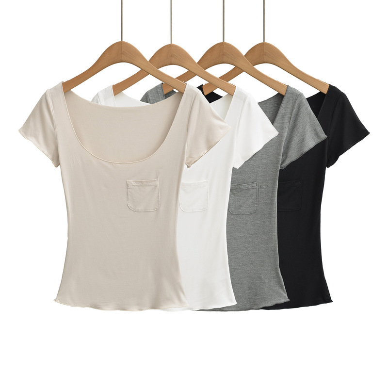 2026 Summer New Pure Desire Style Large U-Neck Small Pocket Slim Fit Lightweight Sexy Short Sleeve 2026 Summer New Pure Desire Style Large U-Neck Small Pocket Slim Fit Lightweight Sexy Short Sleeve