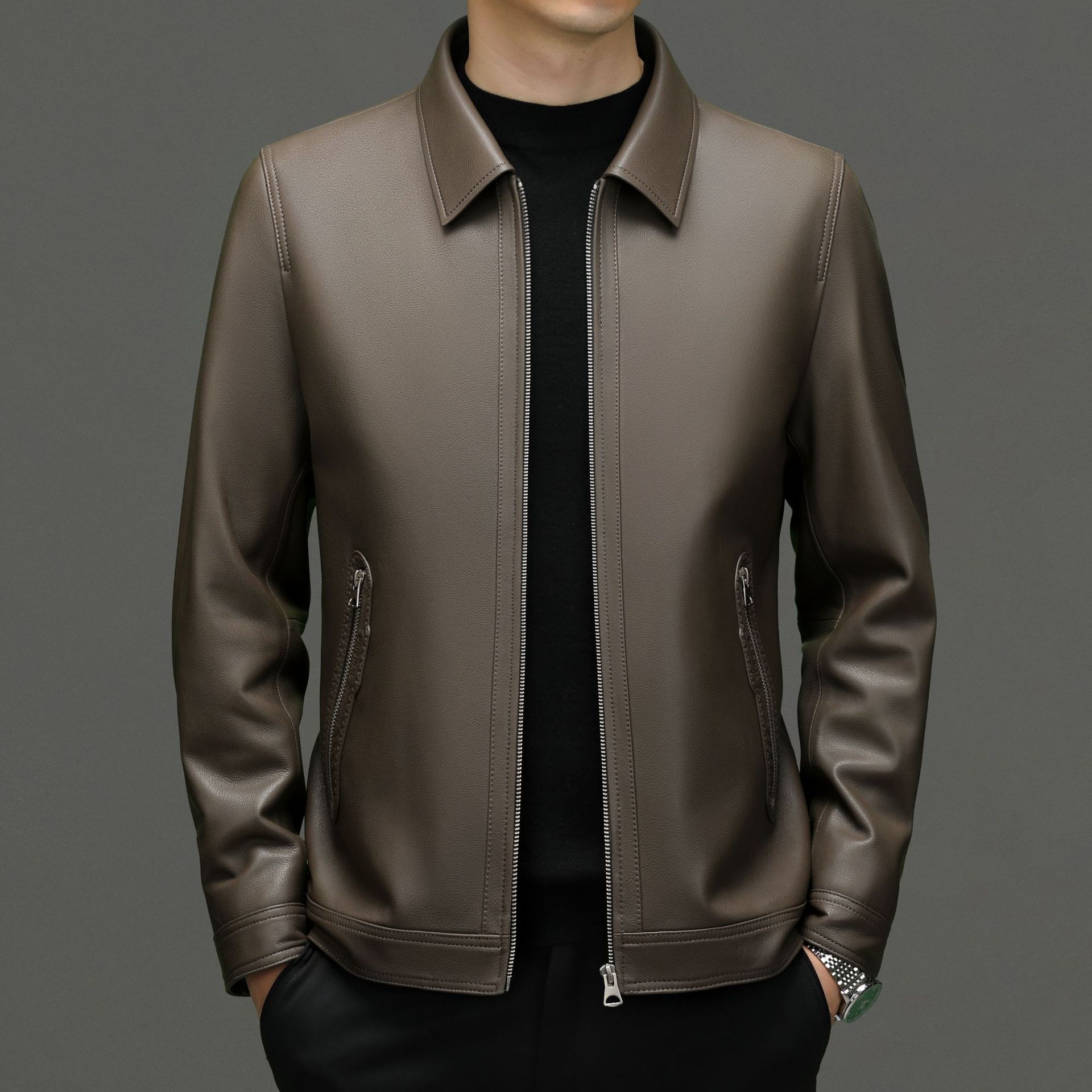 Autumn And Winter Men's Sheepskin Genuine Leather Jackets Light Business Young And Middle-aged Lapel Casual Warm Jackets For Men