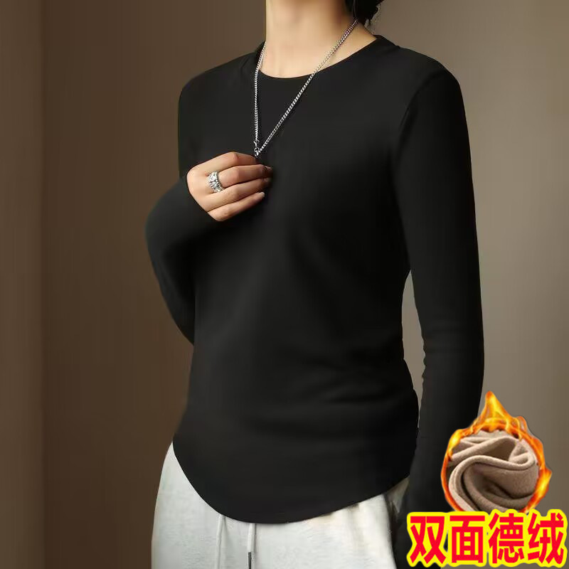 Double-sided velvet thickened bottoming shirt women's autumn and winter fleece-lined warm slim-fit long-sleeved T-shirt Women's inner western style top ins Double-sided velvet thickened bottoming shirt women's autumn and winter fleece-lined warm slim-fit long-sleeved T-shirt Women's inner western style top ins