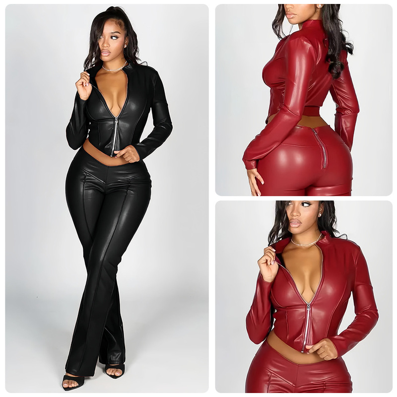 European and American Style Spicy Girl Black Pu Leather Outfit for Women: Stand Collar Zip-Up Cropped Jacket + High-Waisted Leather Pants Two-Piece Set European and American Style Spicy Girl Black Pu Leather Outfit for Women: Stand Collar Zip-Up Cropped Jacket + High-Waisted Leather Pants Two-Piece Set