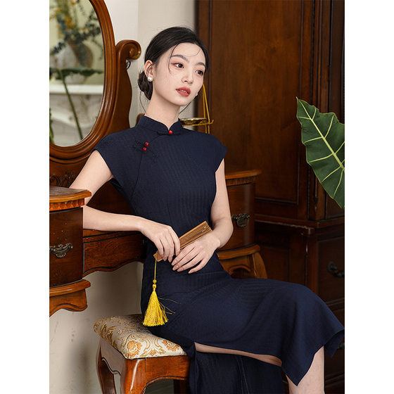 2025 New Spring and Summer Tibetan Blue Improved Cheongsam New Chinese Style National Style Retro Cool Feeling Temperament Daily dress