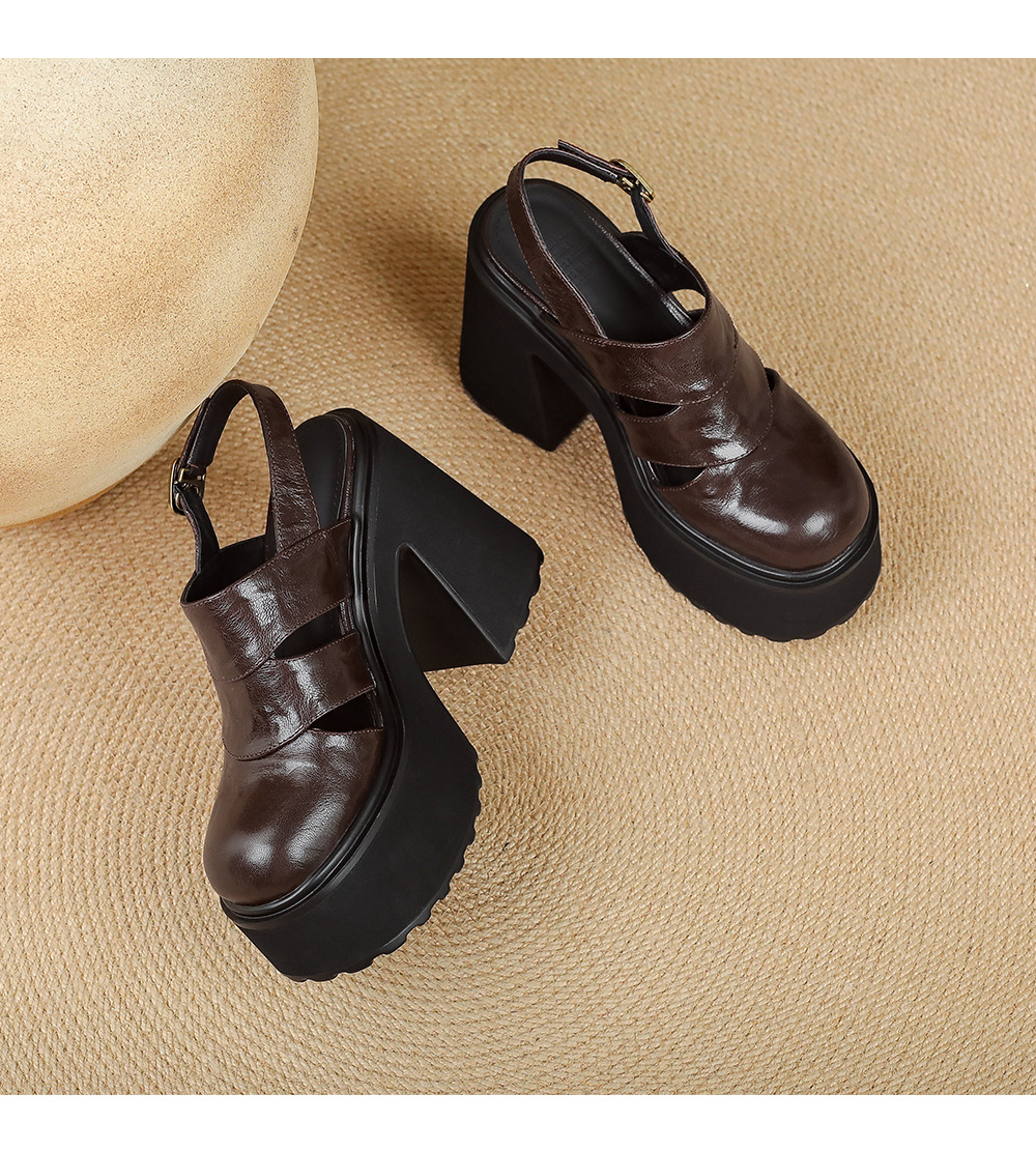 Sandal cao gót nữ đế dày quai ngang bọc da, gót 9 cm — màu nâu, màu đen chi tiết 14