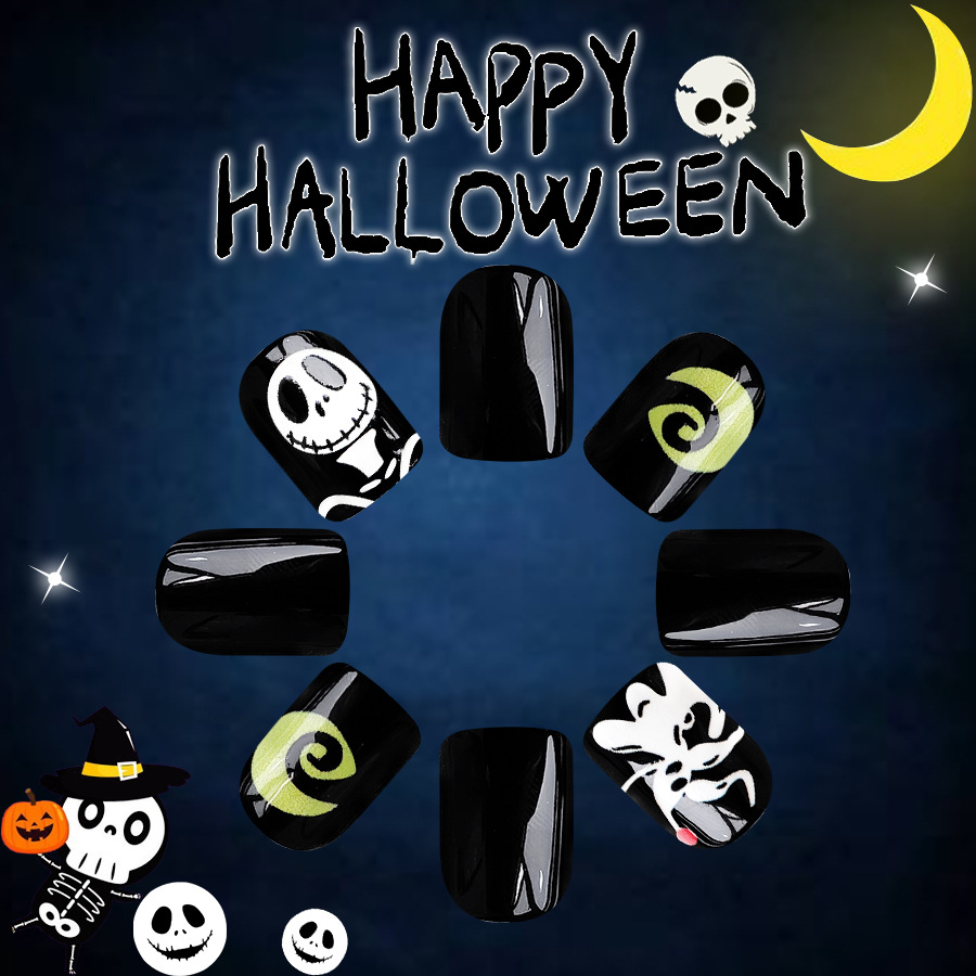 Halloween Short Bright Square Armor Cute Skull Naughty Puppy Nail Art 2024 New Foreign Trade 24 Pieces_voghion.com