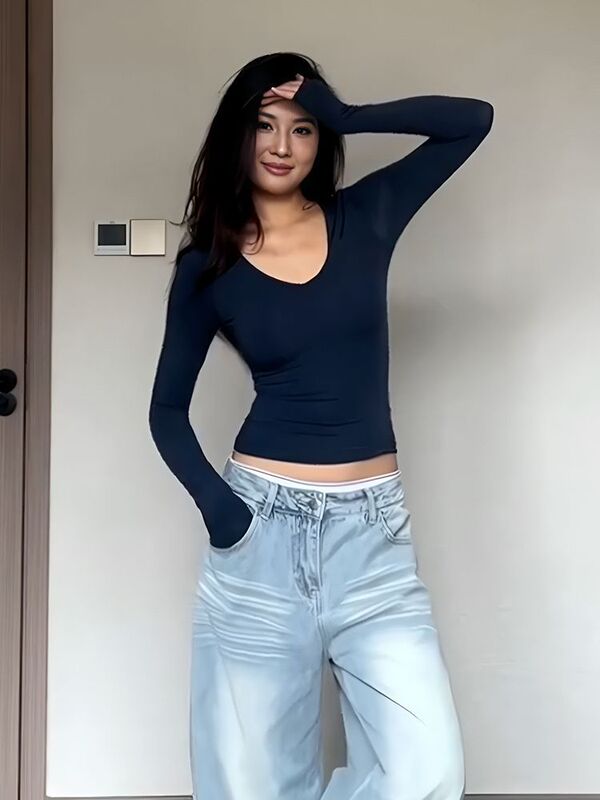 纯欲风藏青色V领正肩长袖t恤女春秋新款内搭修身收腰显瘦打底上衣|undefined