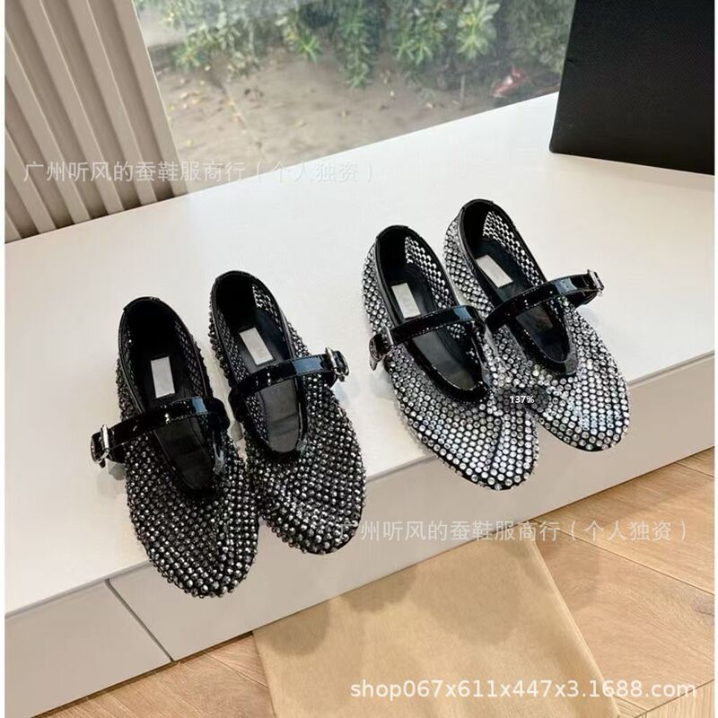 Aiai New Style Hollow-Out Full Rhinestone Fishnet Ballet Flats for Women with Flat Buckle Mary Jane Design, Breathable and Comfortable