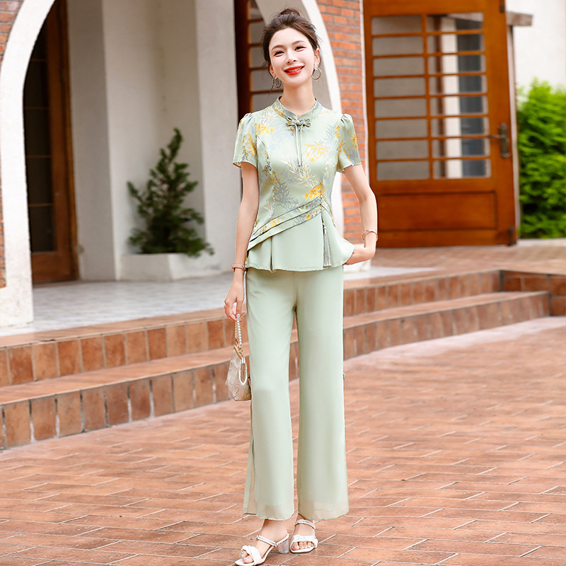 气质印花时尚国风套装女夏季2024年新款韩版修身优雅女装两件套潮