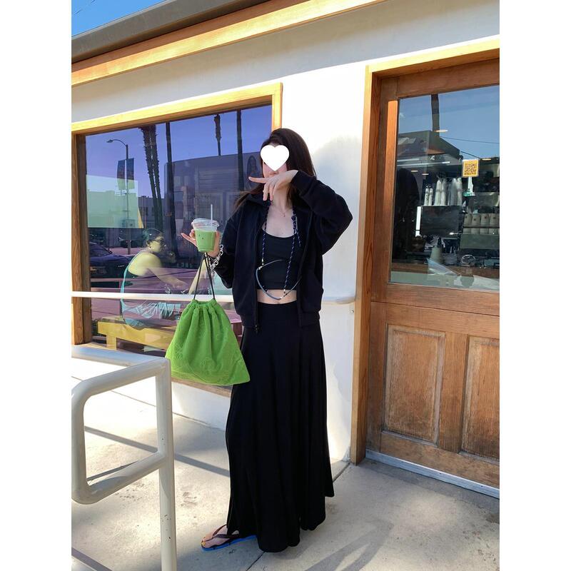 [in stock] VC all black long skirt mermaid tail acetic acid mulberry silk texture feeling waist skirt